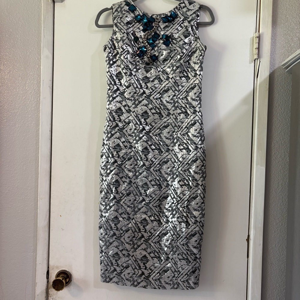 Rachel Roy Evening Dress Party Wedding Metallic Silver Zipper Chain Jeweled 2